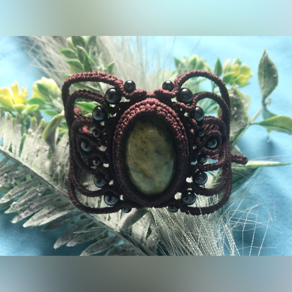 HANDMADE MACRAME CUFF GENUINE JADE AND HEMATITE BEADS